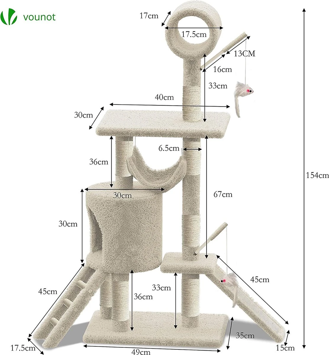 Grote Krabpaal Met Krabpaal XXL, Klimboom Voor Katten, Activiteitencentrum, Met Grot En Platforms Voor Katten, Hoogte 154 Cm, Beige 6 Grote Krabpaal Met Krabpaal XXL, Klimboom Voor Katten, Activiteitencentrum, Met Grot En Platforms Voor Katten, Hoogte 154 Cm, Beige - Image 6