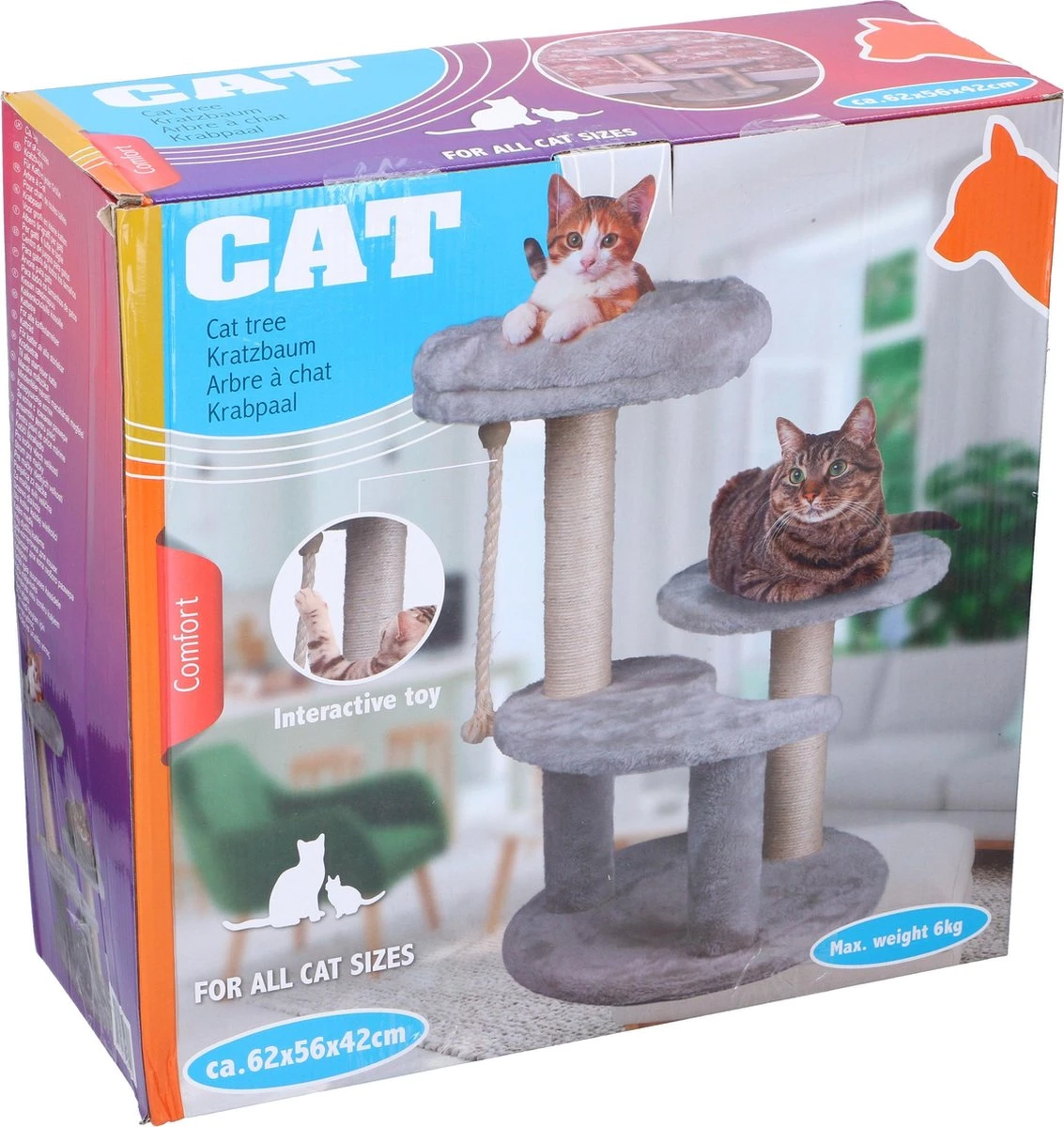 Maxxpro Krabpaal - Krabpaal Voor Katten - Kattenspeelgoed - 62 CM - 3 Platformen - Speeltouw - Sisal - Grijs 6 Maxxpro Krabpaal - Krabpaal Voor Katten - Kattenspeelgoed - 62 CM - 3 Platformen - Speeltouw - Sisal - Grijs - Afbeelding 6