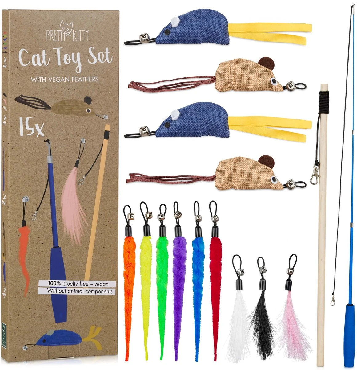 PRETTY KITTY Cat Toy Set Vegan: Grote 15-delige Kattenspeelset Met Kattenhengel, Nepveren En Kattenkruid Speelgoed Kat 1 PRETTY KITTY Cat Toy Set Vegan: Grote 15-delige Kattenspeelset Met Kattenhengel, Nepveren En Kattenkruid Speelgoed Kat