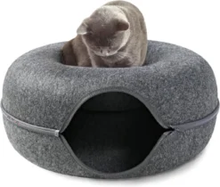 Merkloos A.K.A. Kattentunnel En Kattenmand In-1 – Kattenspeelgoed Speeltunnel Kattenhuis – Kattenhol Rond Kattenspeeltjes - Cat Cave Donut - Antraciet Vilt