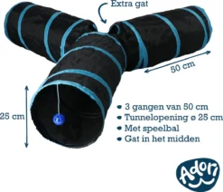 Adori Katten Tunnel 3 Gangen - Kattenspeelgoed - Ø25x50 Cm Zwart