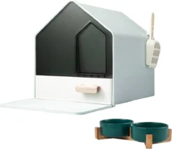 Kattenbak Villa Met Dubbele Voerbak En Kattenbakmat – Kat - Drinkbak – Modern En Stijlvol - Design - Groen