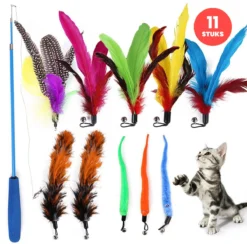 Merkloos Kattenhengel Met 10 Opzetstukjes - Kat Speelhengel Met Veren - Speelgoed Hengel Voor Katten – Kittenspeeltjes Met Veer – Kattenspeelgoed – Katten Speeltjes
