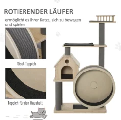 PawHut Kattenboom Met Loopwiel Krabpaal Met 4 Verdiepingen Kattenhuis Met Sisalpalen Massief Hout D30-303 -Merkloos Verkoop 1200x1190 23