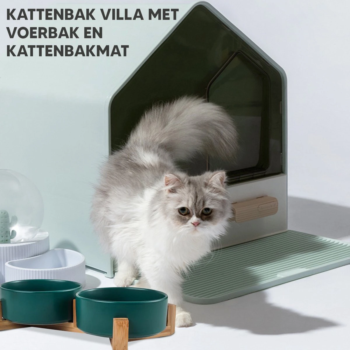 Kattenbak Villa Met Dubbele Voerbak En Kattenbakmat – Kat - Drinkbak – Modern En Stijlvol - Design - Groen 9 Kattenbak Villa Met Dubbele Voerbak En Kattenbakmat – Kat - Drinkbak – Modern En Stijlvol - Design - Groen - Afbeelding 9