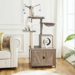 Signature Home Catty Krabpaal Met Kattenbak - Kattenbakkast - Kattenhuis Met Deur En Slot - Krabpalen Met Hangmat Mand Katten Huis - Kattenbakmeubel Verborgen - Alles-in-één Kattenspeelgoed Met Kattenhuis - Grijs - 60cm X 150cm X 48cm -Merkloos Verkoop 1200x1200 755