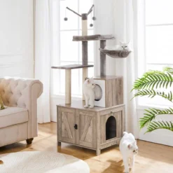 Signature Home Catty Krabpaal Met Kattenbak - Kattenbakkast - Kattenhuis Met Deur En Slot - Krabpalen Met Hangmat Mand Katten Huis - Kattenbakmeubel Verborgen - Alles-in-één Kattenspeelgoed Met Kattenhuis - Grijs - 60cm X 150cm X 48cm -Merkloos Verkoop 1200x1200 756