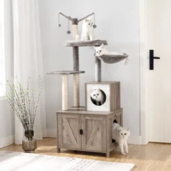 Signature Home Catty Krabpaal Met Kattenbak - Kattenbakkast - Kattenhuis Met Deur En Slot - Krabpalen Met Hangmat Mand Katten Huis - Kattenbakmeubel Verborgen - Alles-in-één Kattenspeelgoed Met Kattenhuis - Grijs - 60cm X 150cm X 48cm -Merkloos Verkoop 1200x1200 758