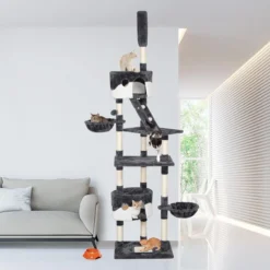 Krabpaal XXL, Klimboom Voor Katten - Plafondhoogte, Verstelbaar Van 228-255 Cm, Grijs-wit HM-YAHEE-610837