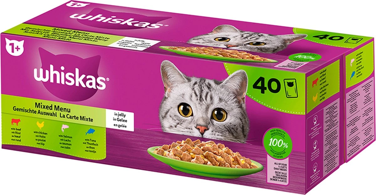 Whiskas Nat Kattenvoer 'Mixed Menu' In Gelei MEGAPACK - Rund, Kip, Zalm & Tonijn - 40 X 85g 2 Whiskas Nat Kattenvoer 'Mixed Menu' In Gelei MEGAPACK - Rund, Kip, Zalm & Tonijn - 40 X 85g - Image 2