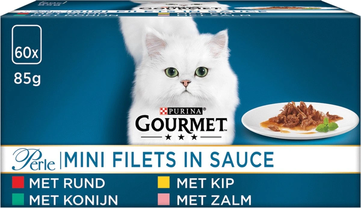Gourmet Perle Mini Filets In Saus - Kattenvoer Natvoer - Kip, Konijn, Rund & Zalm - 60 X 85 Gr 1 Gourmet Perle Mini Filets In Saus - Kattenvoer Natvoer - Kip, Konijn, Rund & Zalm - 60 X 85 Gr