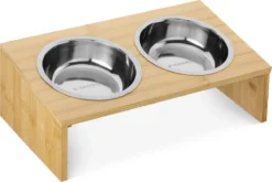 Navaris Verhoogd Dubbel Dieren Voedingsstation - 2 Kommen Voor Katten En Kleine Honden - Roestvrij Staal - Verhoogde Bamboe Standaard
