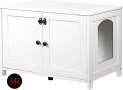 Merkloos Signature Home Wittykitty Kattenbak - Kattenkast - Kattenbakkast - Kattenhuis Met Deur En Aparte Scheidingswand - Kattenbak Opbergdoos - Wit - 80 X 54 X 50.5 Cm