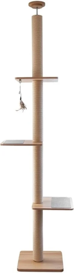 BeOneBreed Katt3 EVO Tower - Krabpaal Voor Katten Van Vloer Tot Plafond – Inclusief 3 Vilten Matjes En Hangspeeltje - Gelamineerd Hout - Maximale Hoogte 254 Cm