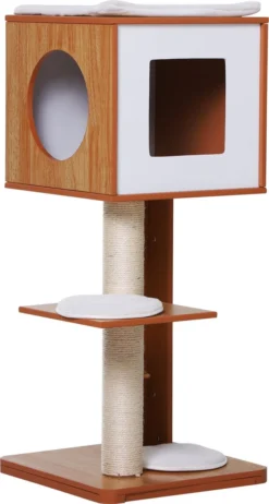 PawHut Krabpaal Met Grot & Sisal Paal Kattenboom Kattenmeubel 4 Kussens MDF D30-206V01