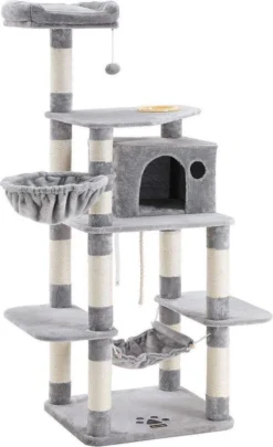 Merkloos Stevige Krabpaal Met Kattenbak, Met Sisal Omwikkelde Krabpunten, Mand En Grot, Klimboom Voor Katten 164 Cm Hoog, Lichtgrijs PCT99W -Merkloos Verkoop 731x1200 2
