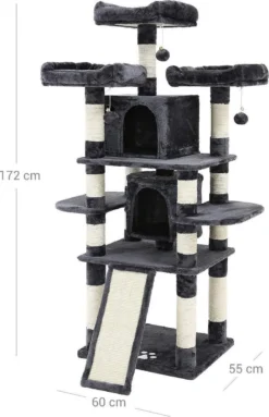 Grote Krabpaal, Krabpaal Met 3 Comfortabele Uitkijkplatforms, Kattenspeelgoed Met 2 Knuffelholen, Dikke Sisalpalen, Extra Krabplank, Stal, 172 Cm, Rookgrijs PCT18GYZ -Merkloos Verkoop 774x1200 9