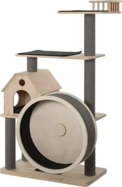 PawHut Kattenboom Met Loopwiel Krabpaal Met 4 Verdiepingen Kattenhuis Met Sisalpalen Massief Hout D30-303 -Merkloos Verkoop 787x1200 8