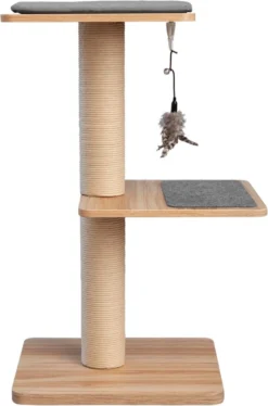 BeOneBreed Katt3 EVO Classic Natural – Krabpaal Voor Katten – Inclusief Memory Foam Kussen, Vilten Mat En Hangspeeltje – Gelamineerd Hout - Afmetingen 42,5 X 37,5 X 76 Cm