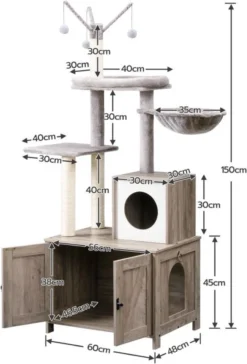 Signature Home Catty Krabpaal Met Kattenbak - Kattenbakkast - Kattenhuis Met Deur En Slot - Krabpalen Met Hangmat Mand Katten Huis - Kattenbakmeubel Verborgen - Alles-in-één Kattenspeelgoed Met Kattenhuis - Grijs - 60cm X 150cm X 48cm -Merkloos Verkoop 814x1200 4