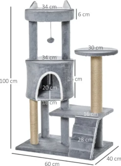 PawHut Krabpaal Kattenboom Met Kattengrot Trap Spaanplaat Jute Grijs D30-360 -Merkloos Verkoop 878x1200 2