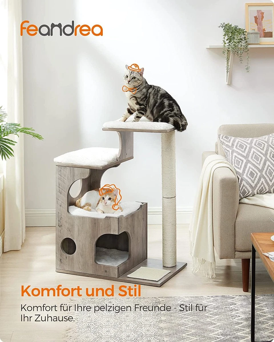 Songmics Krabpaal 86 Cm, Middelgrote Kattenkrabpaal Met 3 Ligvlakken En Grot, Kattenboom Van MDF Met Houtfineer, Sisalstam, Wasbare Kussens Van Pluche, Grijs-wit PCT070G01 5 Songmics Krabpaal 86 Cm, Middelgrote Kattenkrabpaal Met 3 Ligvlakken En Grot, Kattenboom Van MDF Met Houtfineer, Sisalstam, Wasbare Kussens Van Pluche, Grijs-wit PCT070G01 - Image 5