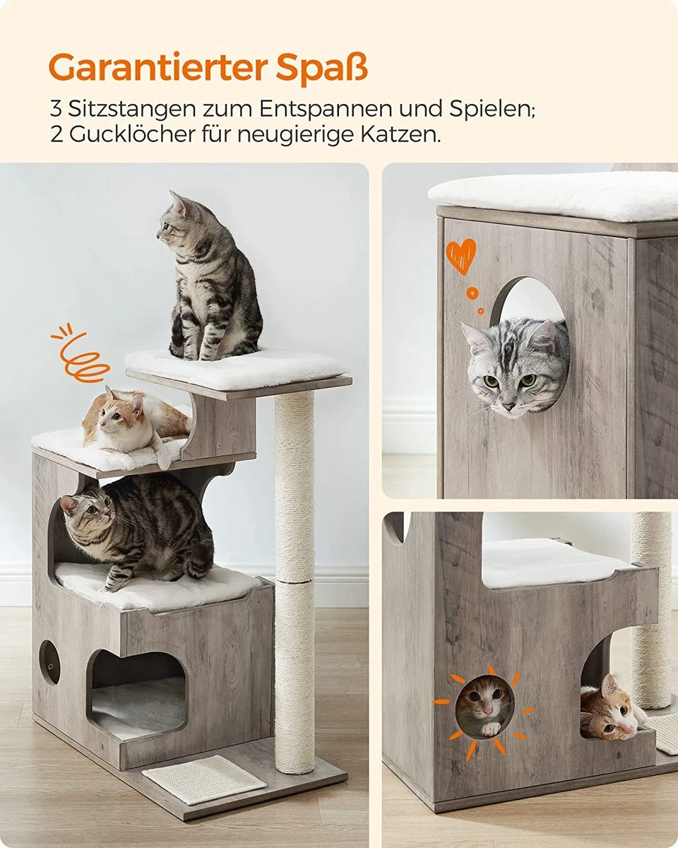 Songmics Krabpaal 86 Cm, Middelgrote Kattenkrabpaal Met 3 Ligvlakken En Grot, Kattenboom Van MDF Met Houtfineer, Sisalstam, Wasbare Kussens Van Pluche, Grijs-wit PCT070G01 6 Songmics Krabpaal 86 Cm, Middelgrote Kattenkrabpaal Met 3 Ligvlakken En Grot, Kattenboom Van MDF Met Houtfineer, Sisalstam, Wasbare Kussens Van Pluche, Grijs-wit PCT070G01 - Image 6