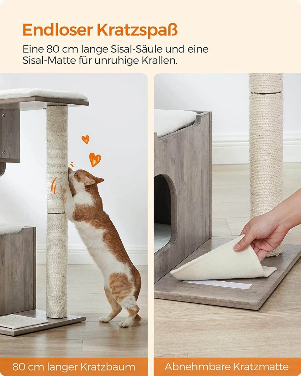 Songmics Krabpaal 86 Cm, Middelgrote Kattenkrabpaal Met 3 Ligvlakken En Grot, Kattenboom Van MDF Met Houtfineer, Sisalstam, Wasbare Kussens Van Pluche, Grijs-wit PCT070G01 7 Songmics Krabpaal 86 Cm, Middelgrote Kattenkrabpaal Met 3 Ligvlakken En Grot, Kattenboom Van MDF Met Houtfineer, Sisalstam, Wasbare Kussens Van Pluche, Grijs-wit PCT070G01 - Image 7